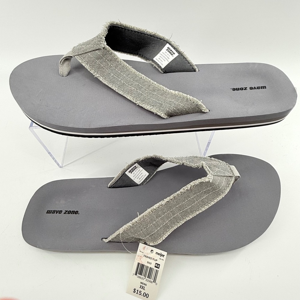 Wave Zone Mens XXL 14 Flip Flop Sandals Grey Frayed Canvas Beach Summer 5158982